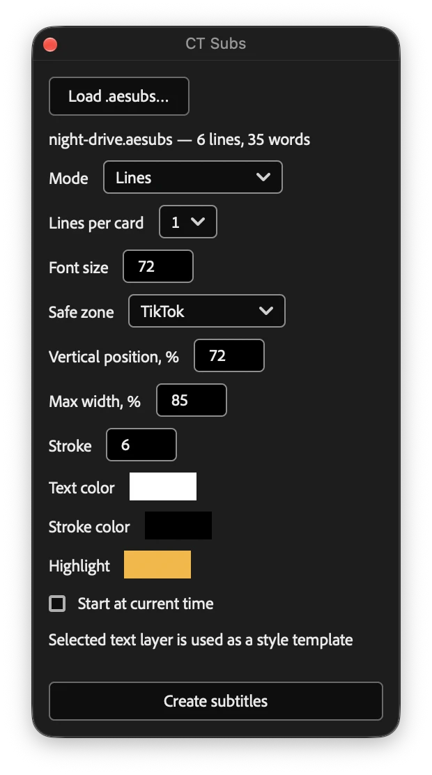 CT Subs free script window in After Effects.